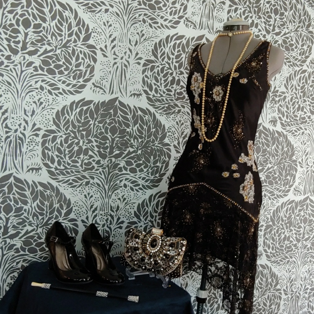 Unique Vintage satin & lace beaded dress
